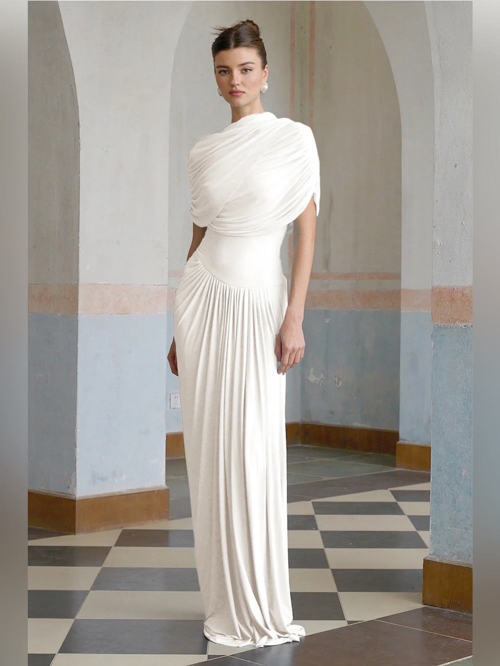 Miss Rosier Catherine White Asymmetrical Pleated Maxi Dress